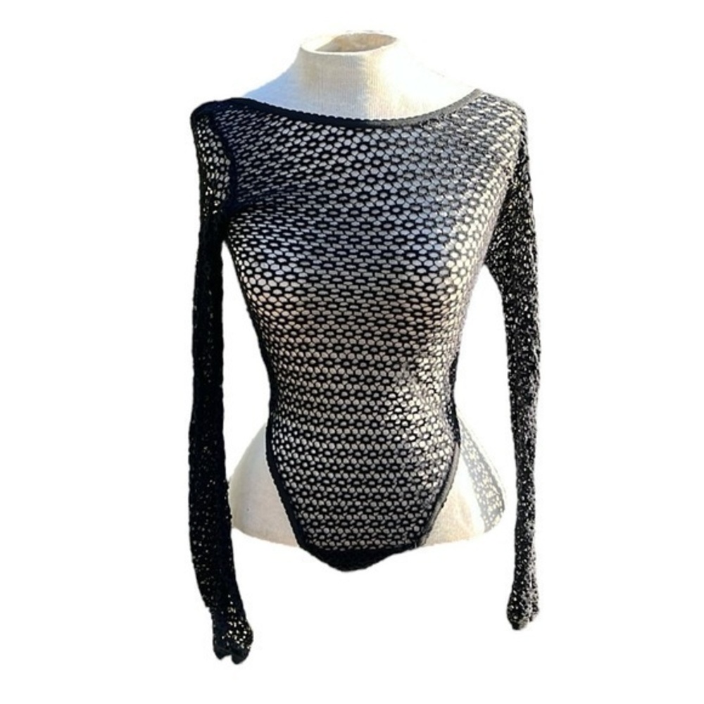 Fredericks of Hollywood long sleeve thong bodysuit open net, size large